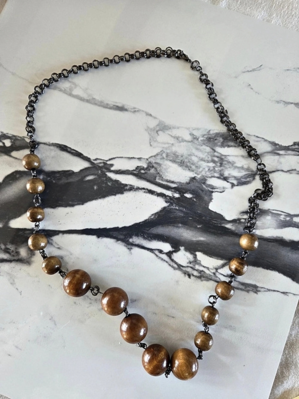 Vintage Style Wooden Bead & Gunmetal Chain Statement Necklace